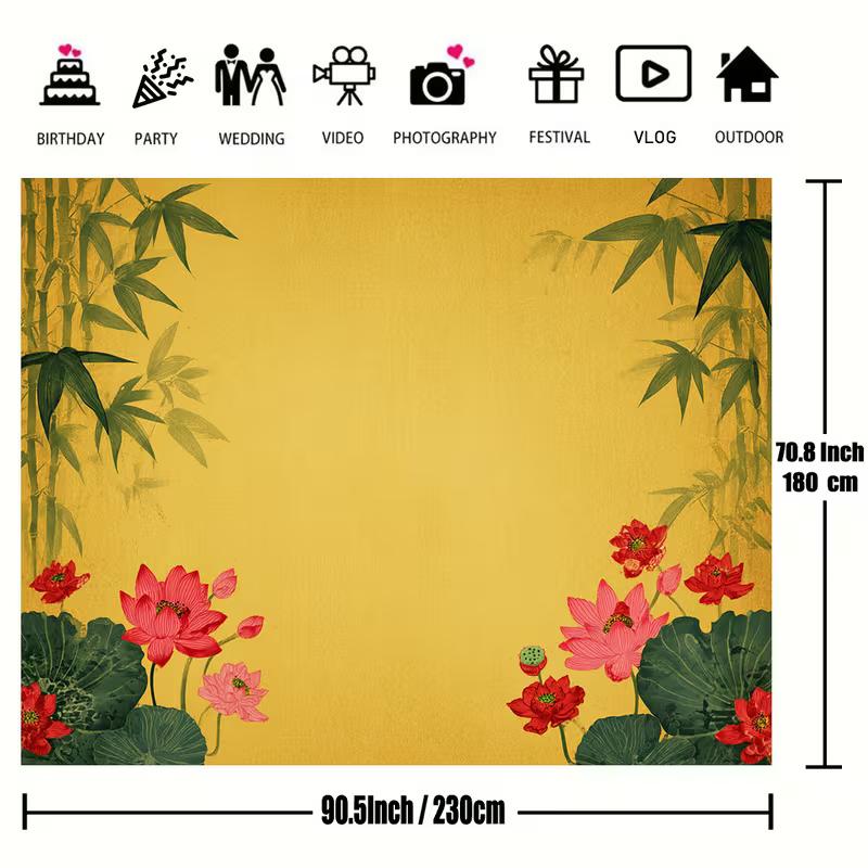 2D Yellow Lotus Bamboo Backdrop, Chinese Floral Background for Home & Event Decor