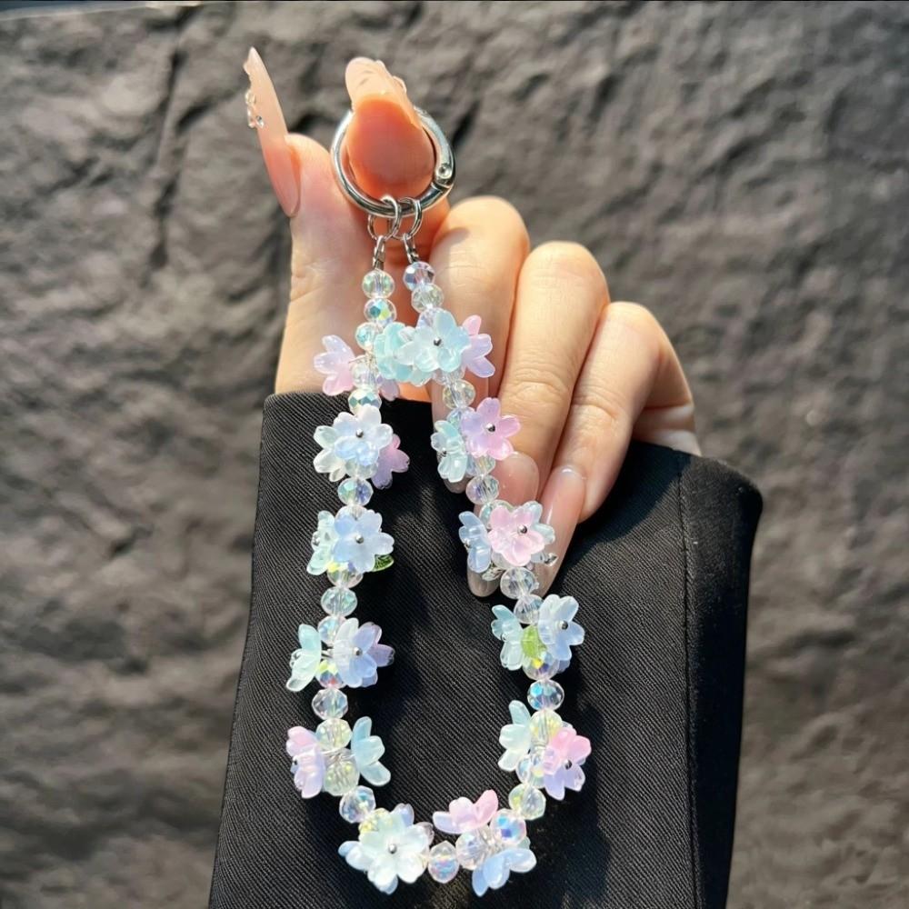 Flower Beaded Mobile Phone Lanyard Crystal Gradient Phone Wrist Lanyard  DIY Hanging Pendant