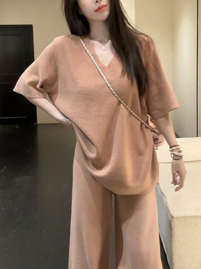 1116 Spring and Summer New Minimalist Knitted Suit Women's Casual Loose V-neck Short-sleeved Top + Wide-leg Pants Two-piece Set