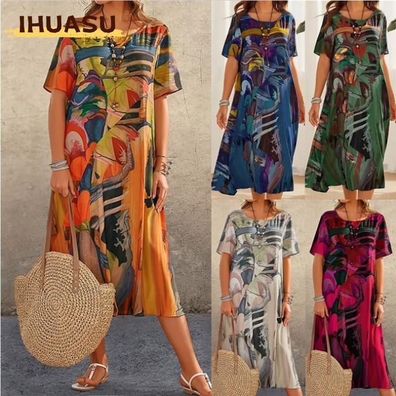 IHUASU Fashion Summer Spring Short Sleeve O-Neck Casual Dresses