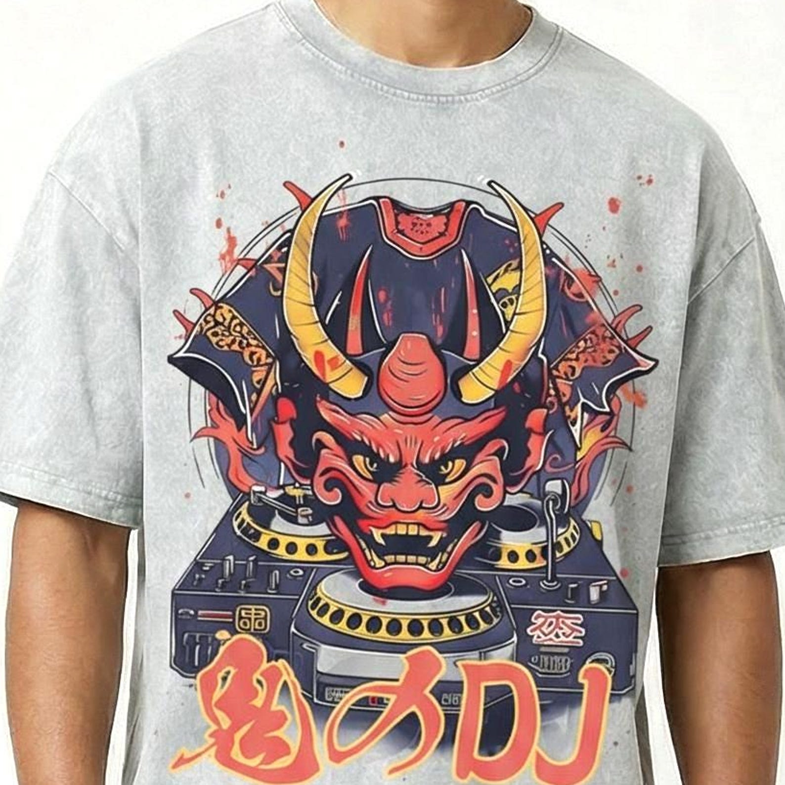 Vintage Oni Mask DJ T-Shirt, Premium Snow Washed Tee, Japanese Design Trend, Vintage Dj Shirt, Music Tshirt, Gift For DJ L