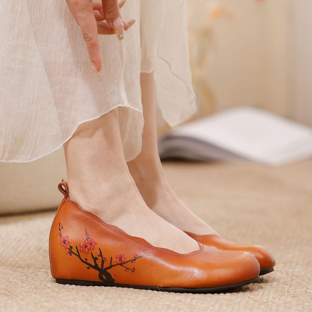 Johnature Retro Ethnischer Stil Höhensteigernde Schuhe Echtes Leder Handgefertigt Runde Zehenkeilabsatzschuhe