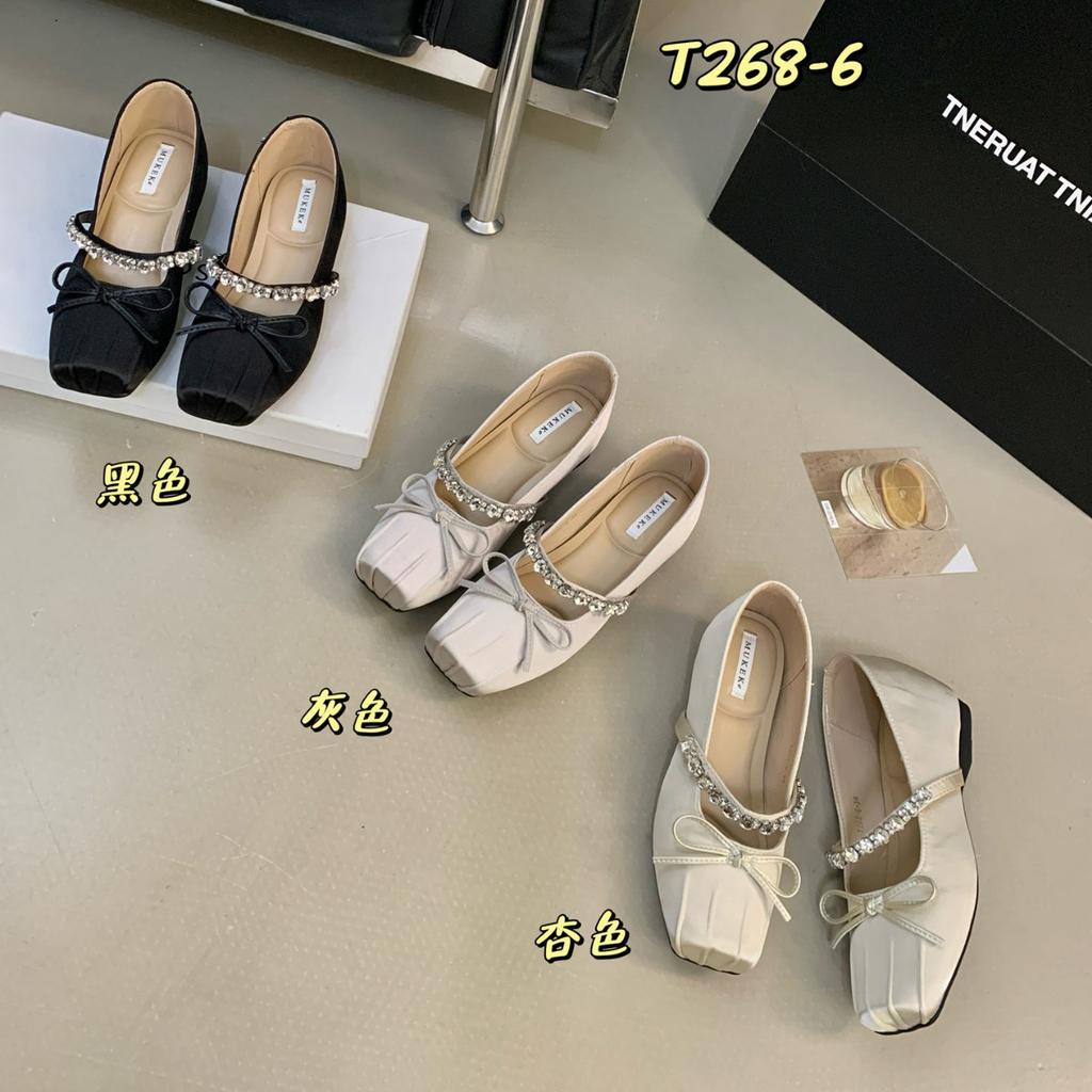 2025 new autumn and winter square head with rhinestone satin bow soft bottom ballet bean inner height increase pregnant women