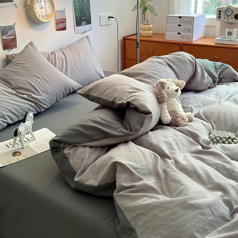 Washed Cotton Solid Color Four Piece Set for Student Dormitory Bed Sheets and Duvet Covers, Small and Fresh Brushed Bedding