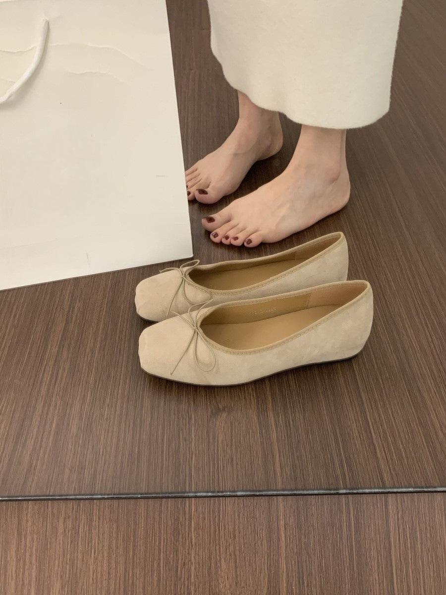 Korean version of versatile evening wind suede inner height increase single shoes women s shoes one pedal shallow mouth square head red ballet shoes 40 абрикосовый