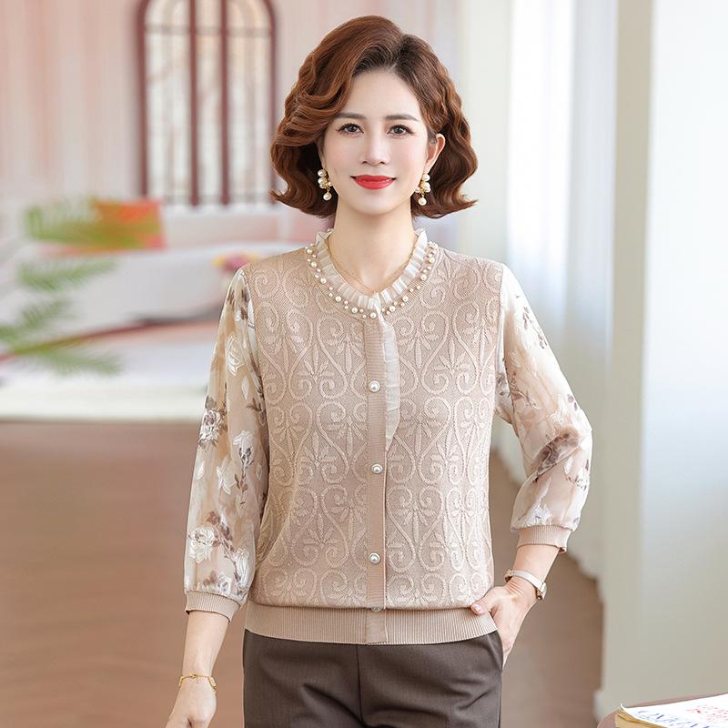 Elegant Spring Knit Top: Stylish Jacquard Seven-Sleeve Design for Moms, Perfect Base Layer for Middle-Aged and Elderly Women