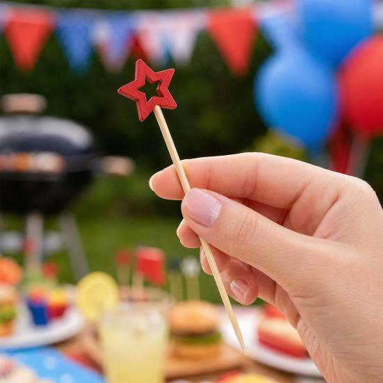 100 Stück Bambus-Zahnstocher, Rot Weiß Blau Stern Cocktail-Spieße, 4,7 Zoll Vorspeisen-Spieße für Burger Sandwiches Charcuterie Obst-Snacks, Patriotisch