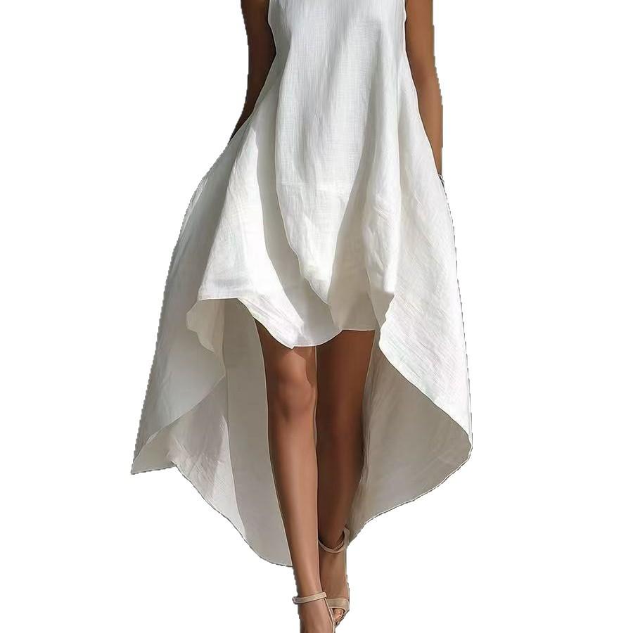 2026 Women's New Sleeveless Front Short Rear Long Irregular Cotton and Linen Dress