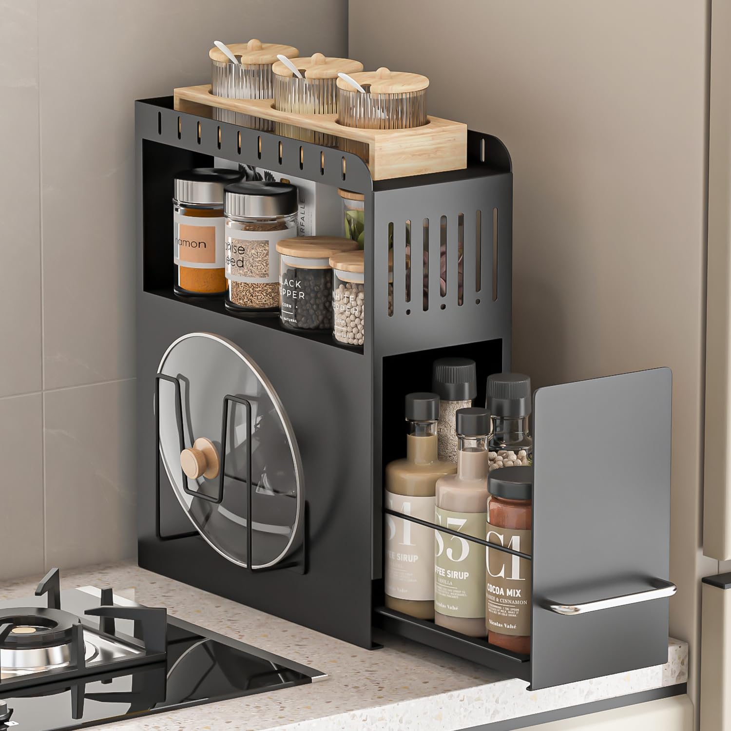 Goodraio Concealable Spice Slim Large Slim Kitchen Concealable Spice Rack for Kitchen Use Concealable Spice Rack, 2-Tier, Drawer, Capacity, Stylish, чёрный