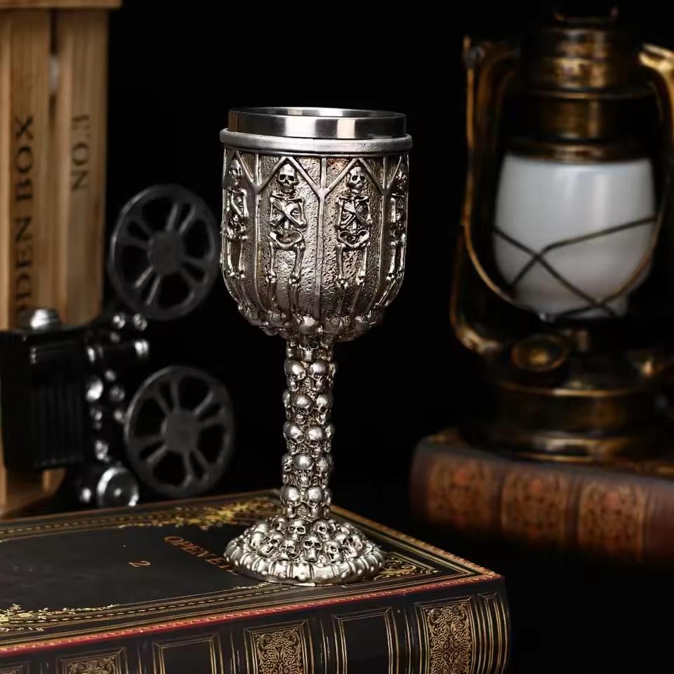 Gothic Skull Wine Goblet with Stainless Steel Beer Cup Intricate Skeleton Design. Ideal for Halloween Gothic Home Decor