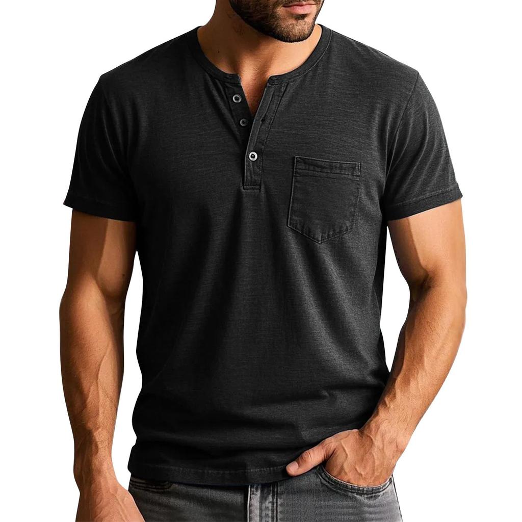 Men's Summer Solid Color Button Collar Short Sleeve Tops Men's Casual Loose Fashion Tops