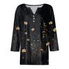 Women's Fashion Casual Flowers Print V-Neck Decorative Button Three-quarter Sleeve T-Shirt Top