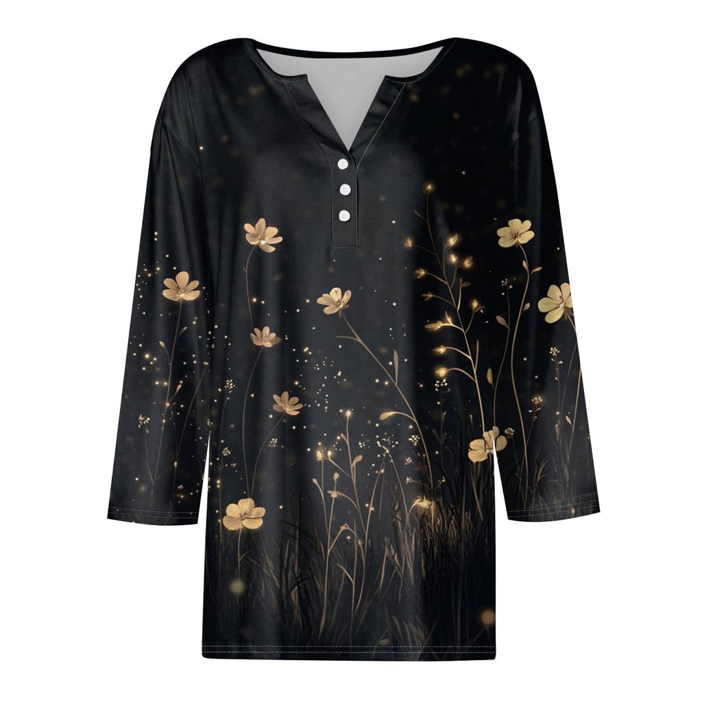 Women's Fashion Casual Flowers Print V-Neck Decorative Button Three-quarter Sleeve T-Shirt Top