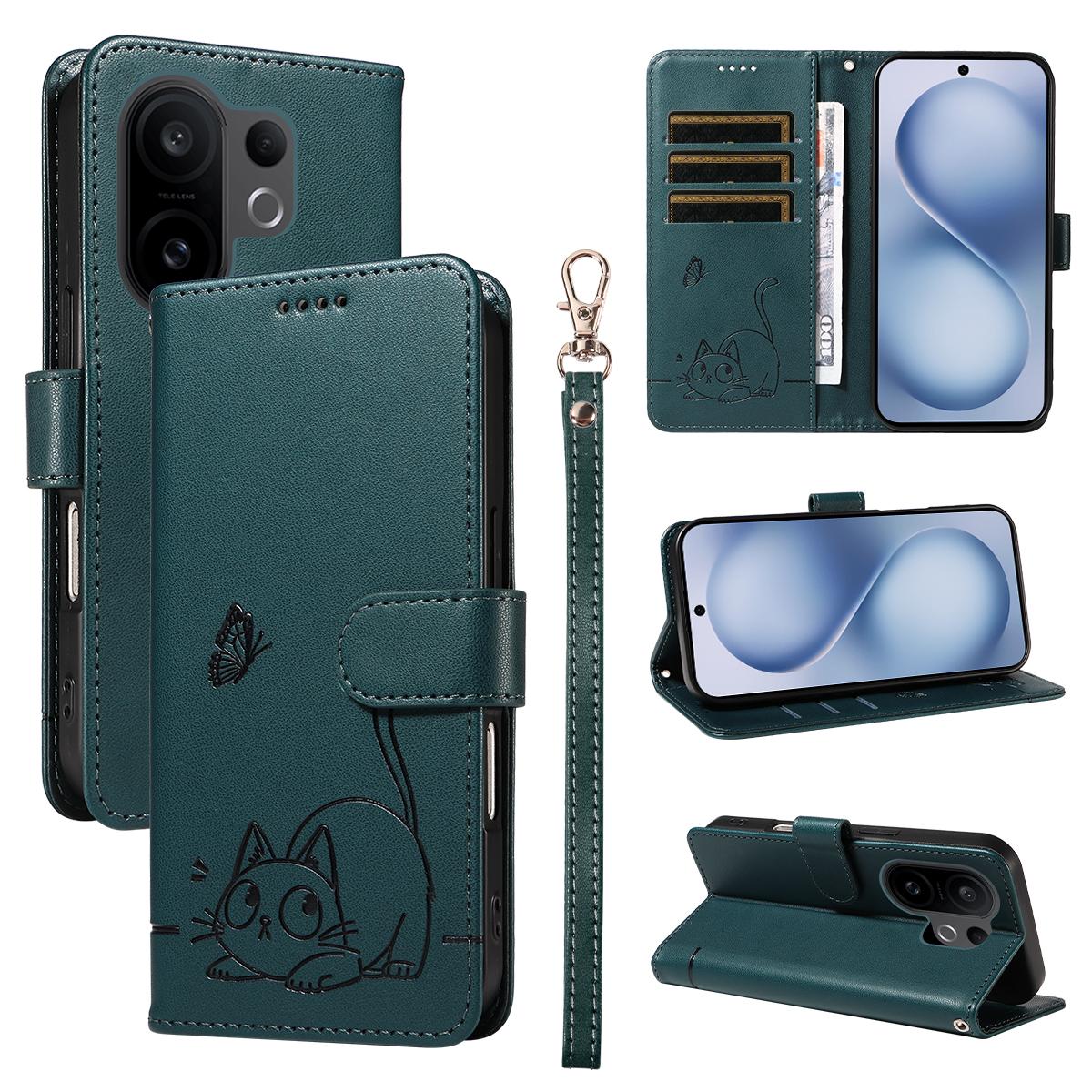 

For vivo X200 FE 5G/vivo S30 Pro mini 5G Case Cat Pattern Imprint Leather Phone Cover with Wrist Strap Blue