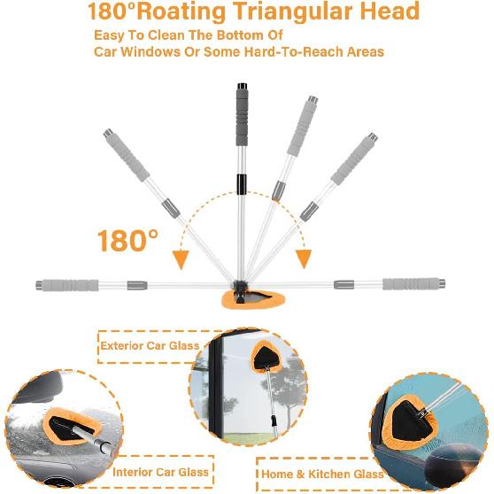 Windshield Cleaning Tool, Car Window Cleaner With 4 Washable Reusable Microfiber Pads, Extendable Long Handle Glass Wiper Cleaning Kit, Auto