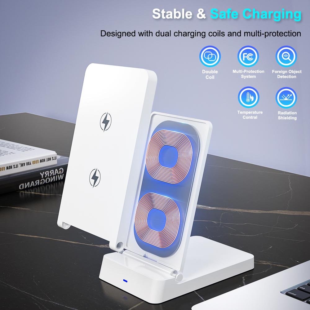 Double Coil Wireless Charger Foldable Phone Holder Stand For iPhone 16 15 14 13 12 Pro Max Samsung Xiaomi Fast Charging Station