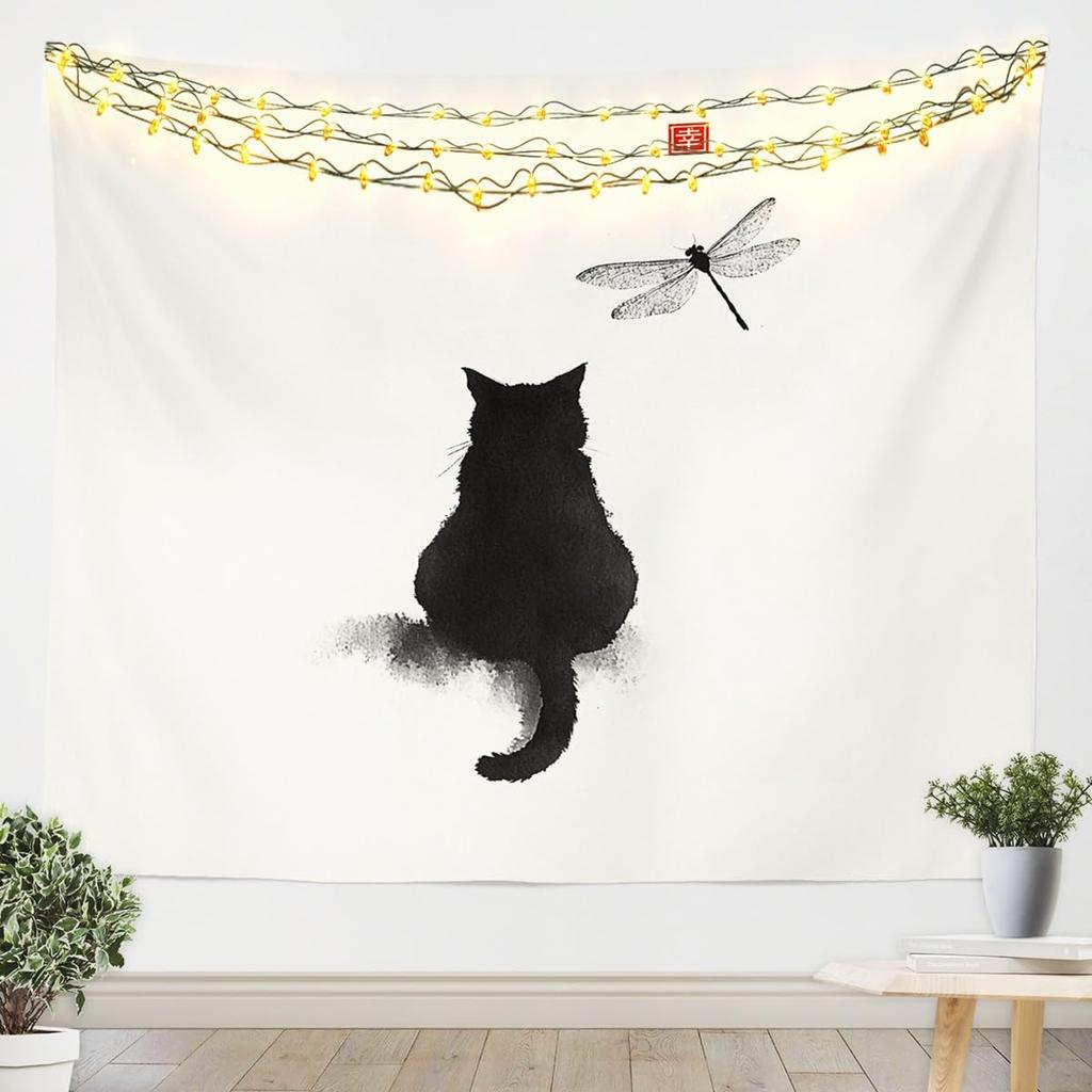 Japanese Crane Tapestry, Black Background with Red Sun, White Clouds and Sakura Print Wall Hanging for Bedroom,Living Room Decor