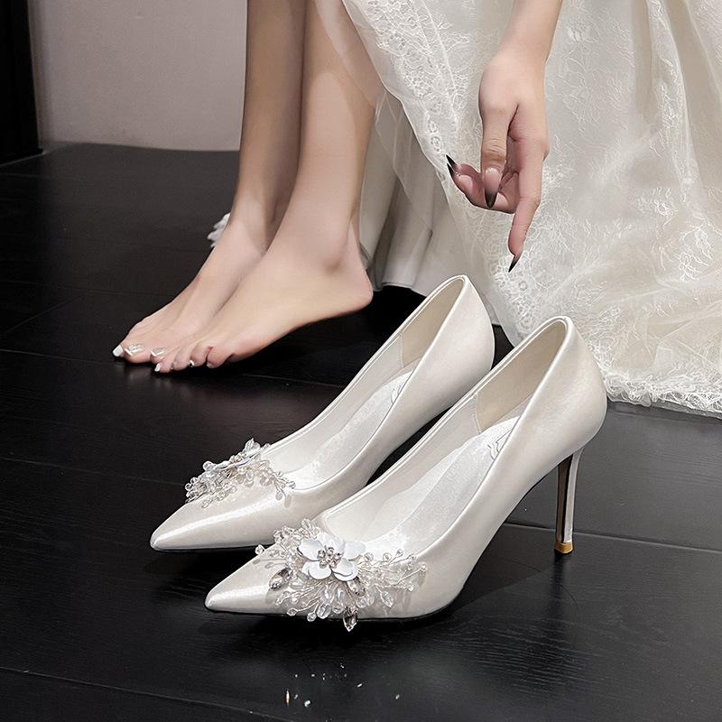 Fashion White Rhinestone High Heels for Women Wedding Bridal Shoes French Floral Dress Pumps