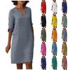 Cotton Linen V-neck Spliced Vintage Color Seven-eighths Sleeve Dress Cotton Linen Wash Creased Fabric