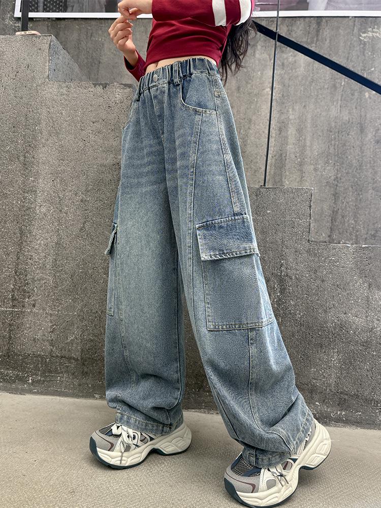 Girls' Retro Blue High-Waist Wide-Leg Pants - Spring & Autumn Versatile Loose Fit