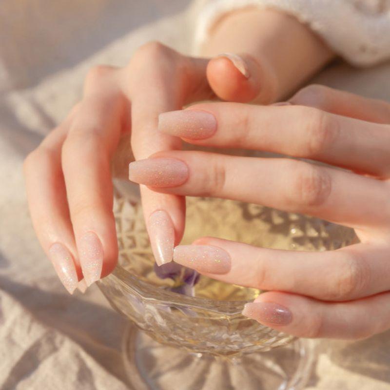 Многоразовые типсы для ногтей Персиковый глиттер (Гроб)