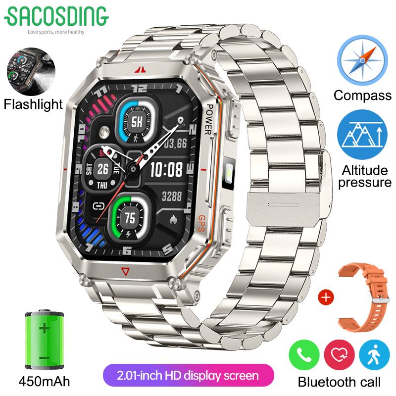 SACOSDING Rugged GPS Smart Watch 2.01" HD Screen 3ATM Waterproof Bluetooth Call Men Smartwatch GPS Positioning Compass Flashlight