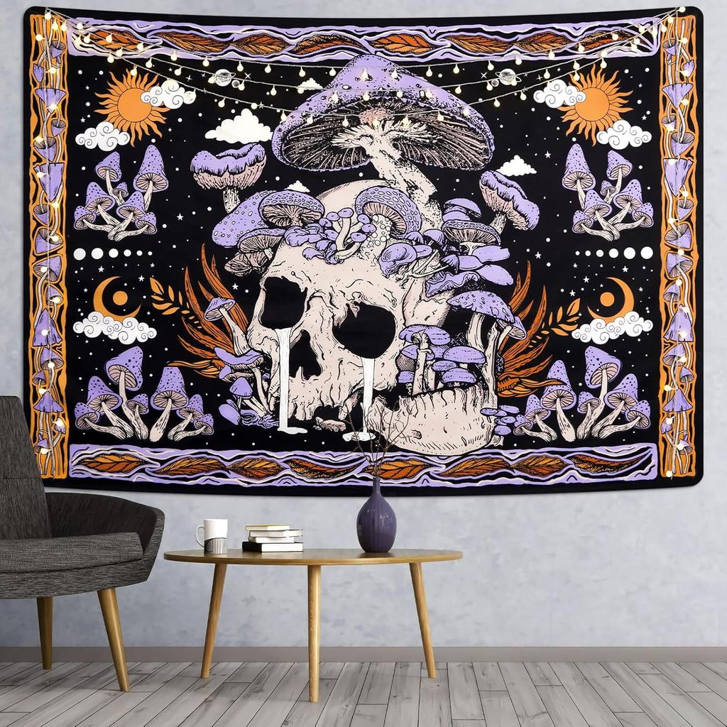 VIKAMA Dark Fantasy Tapestry Skull Mushroom Starry Sky Living Room Bedroom Music Corner Background Cloth Decoration