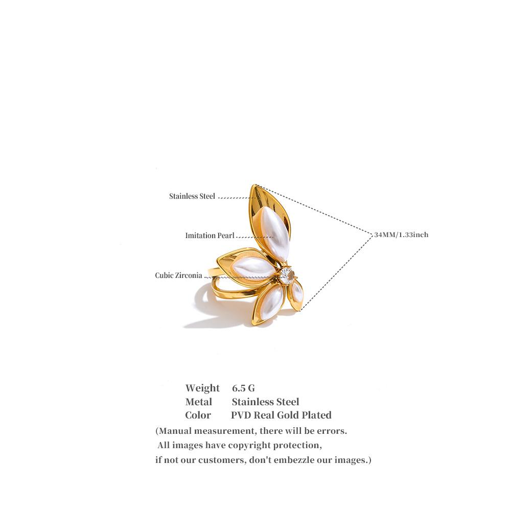Yhpup Stainless Steel Simulated Pearls Open Flower Ring Trendy 18K Golden PVD Plated Young Modern Finger Jewelry Accessories