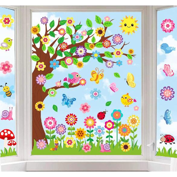 Whaline 6 Sheets St. Patrick's Day Window Clings Large Clover Tree Gnome Window Decals Double-Sided Green Shamrock Gold Co Windows Decor for Irish
