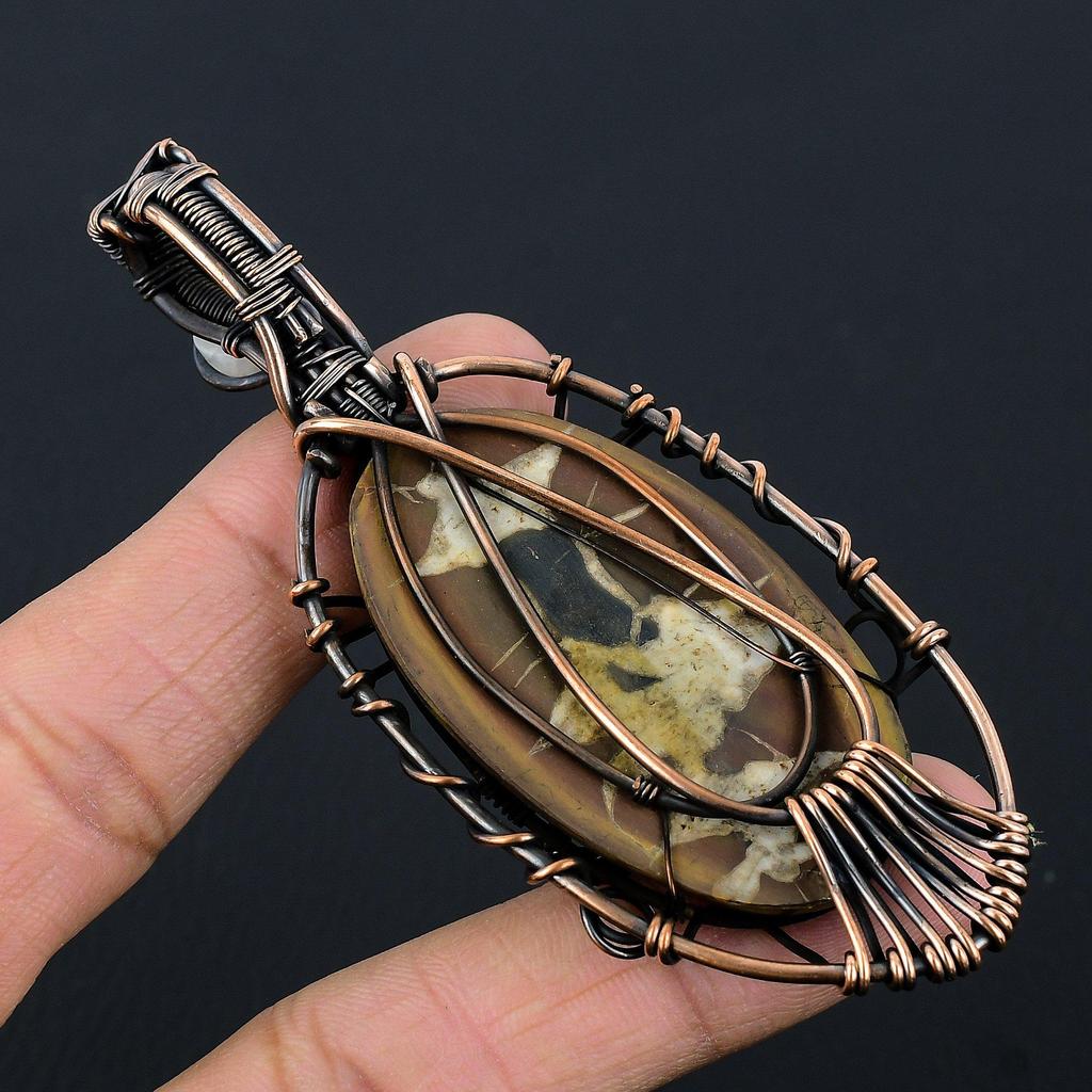 Mud Crack Fossil Pendant, 999 Copper Wire Wrapped Gemstone Jewelry, Handmade Tree Of Life Pendant, For Thanksgiving