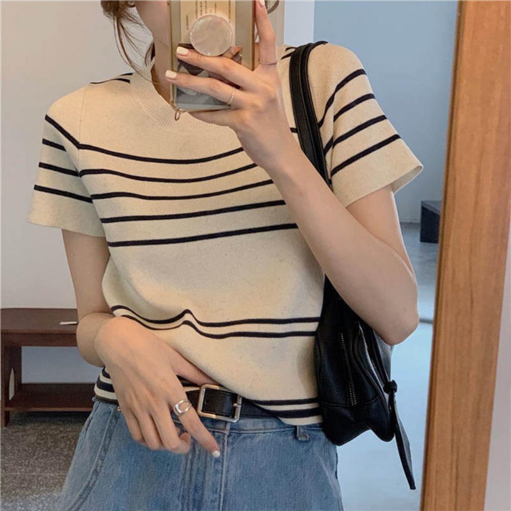 

Women s Clothing Fashion Striped Knit Short Sleeve T-shirts Summer Casual All-match O-neck Thin Top Office Lady Vintage Tees M