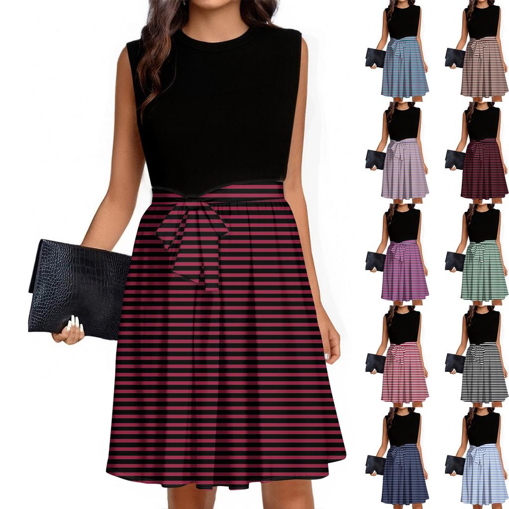 Women's Fashion Striped Printed Casual Lace-up Sleeveless Round Neck Splicing Short Dress