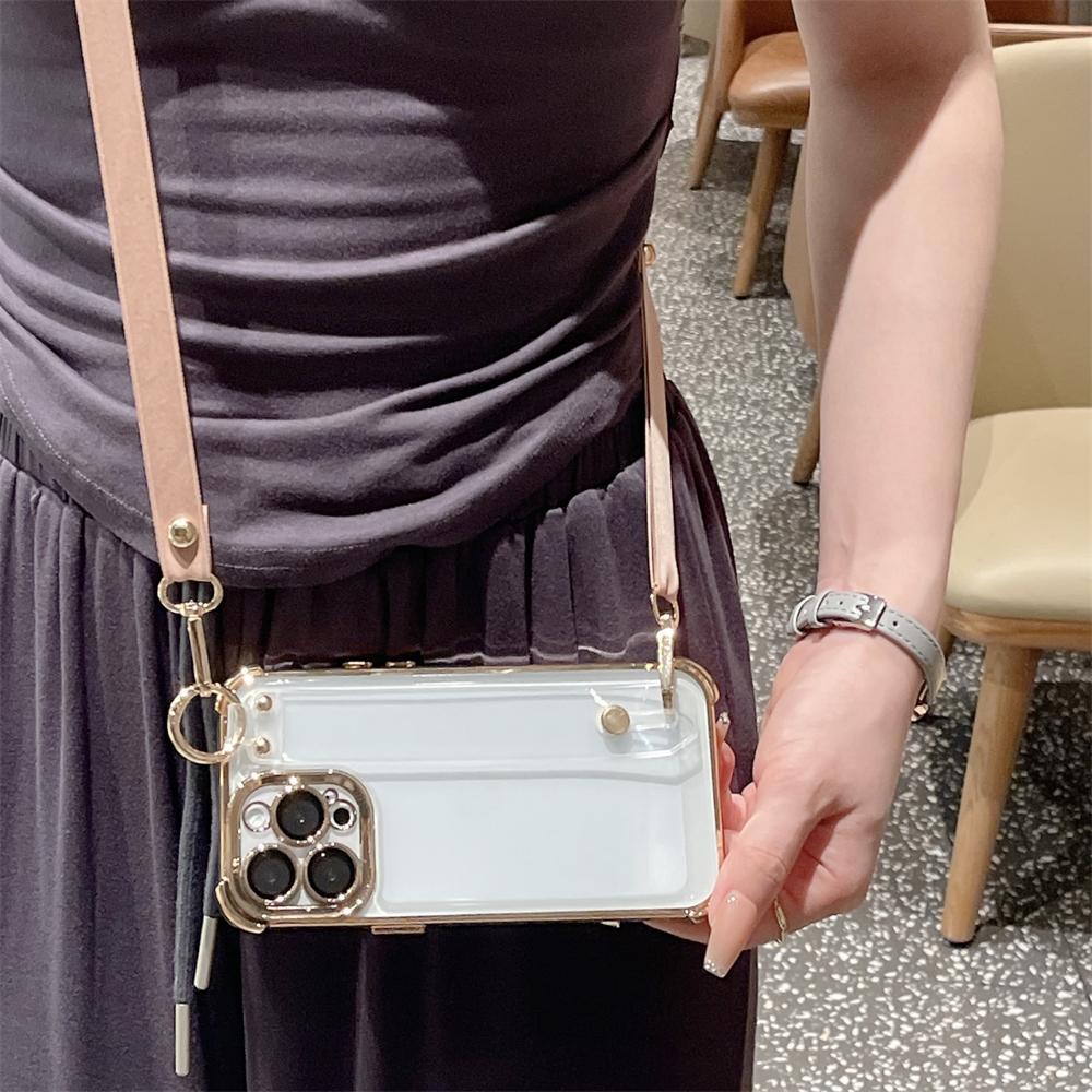 Luxury Plating Wristband Crossbody Lanyard Clear Hard Case For iPhone 16 15 14 Pro Max 13 12 11 XS X XR Transparent Soft Cover