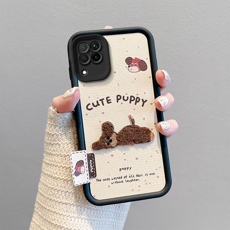 KEYSION Cartoon Cute Plush Embroidery Case for Samsung A12 with Lanyard Soft Silicone Shockproof Phone Back Cover for Galaxy M12