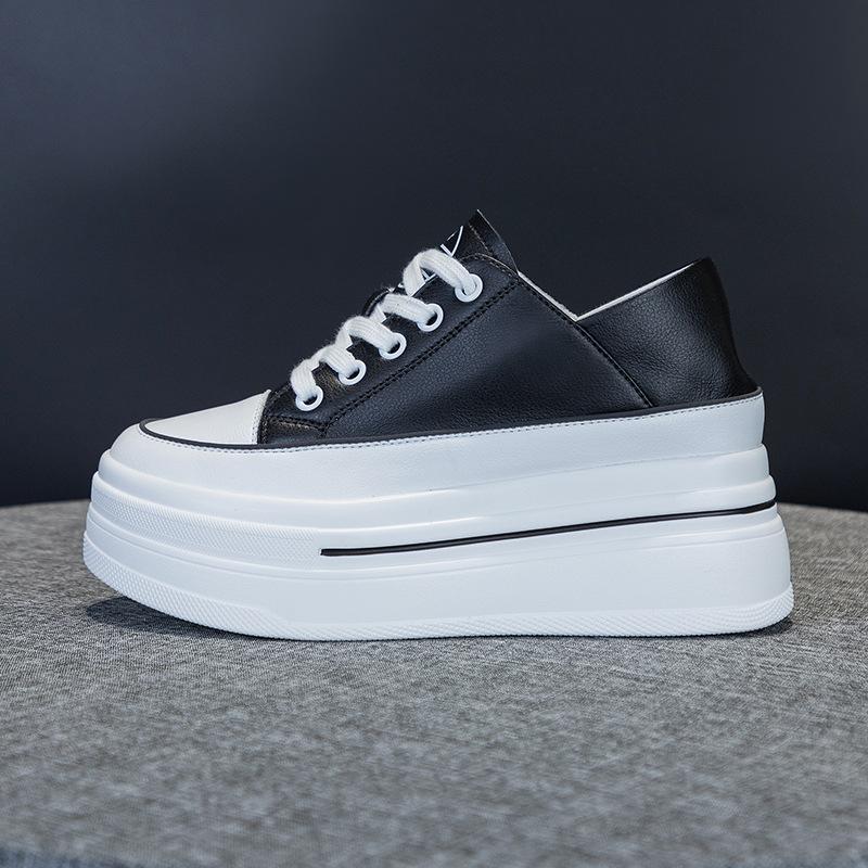 Inner Height Increase 8CM Leather Little White Shoes Women, Spring and Autumn New Versatile Korean Version Thick-soled Muffin Casual Shoes