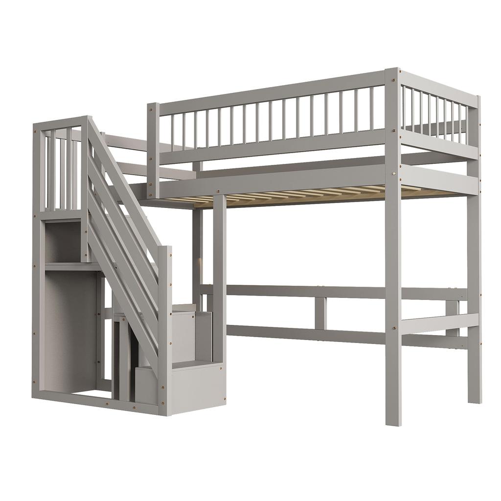 Letto in Legno Massello 90*200, Scaletta con Armadietto, Letto per Bambini, Letto per Ragazzi, Letto Singolo, Struttura in Legno Massello, Versione Alta, Grigio