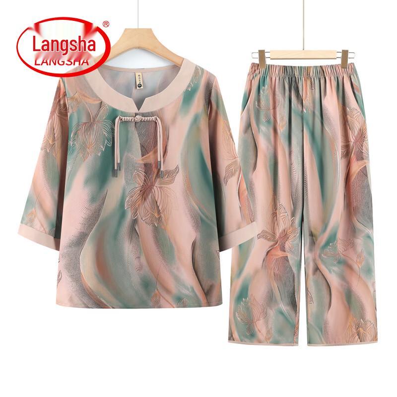 LangSha Women s Summer Ice Silk Floral T-shirt & Pants Set XL