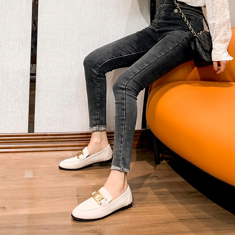 High Quality Leather Shoes Metal Chains Flat Women Round Toe Mules Spring Autumn Single Moccasins Female Comfy Slip On Loafers