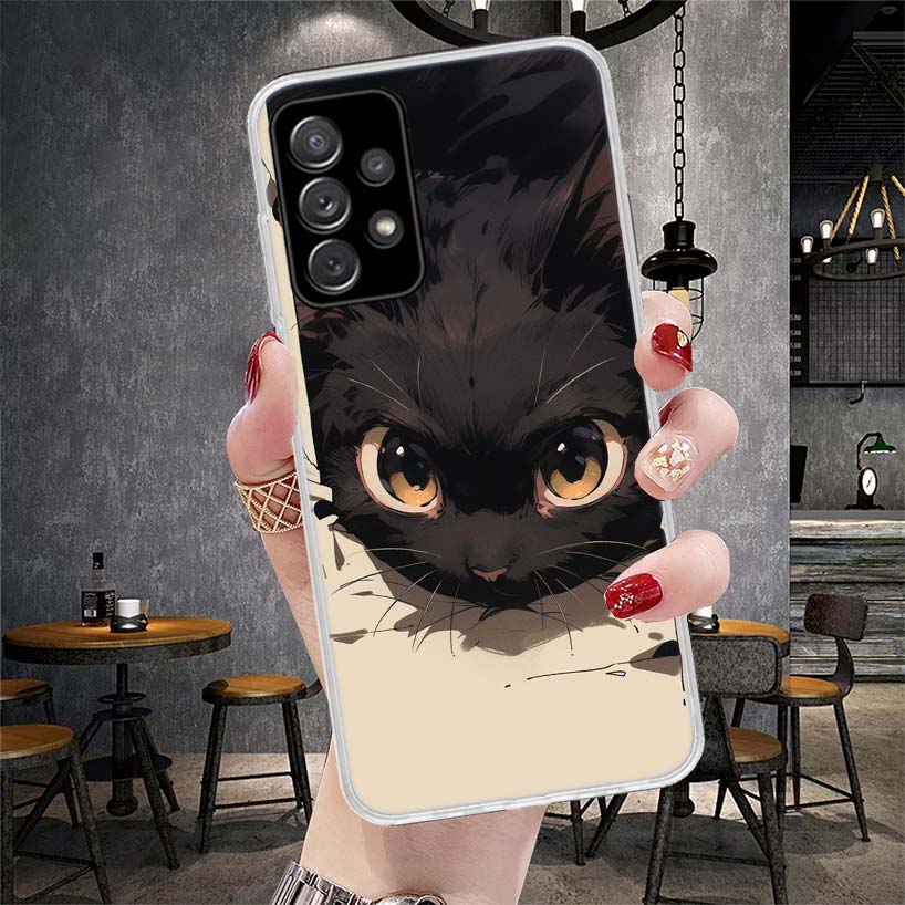 Anime Cute Black Cat Meow Phone Case For Samsung Galaxy A13 A14 A15 A16 A17 A53 A54 A55 A56 A57 A33 A34 A35 A36 A37 A23 A24 A25