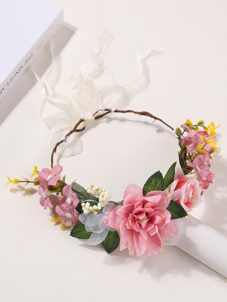 Pink White Flower Wreath Hair Hoop Fairy Aura Headwear Retro Forest Style Flower Wreath Headwear Accessories