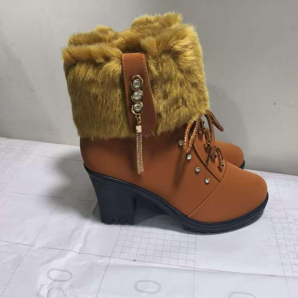 New autumn and winter Martin boots British high-heeled turned rhinestone short boots thick heel thickened velvet boots