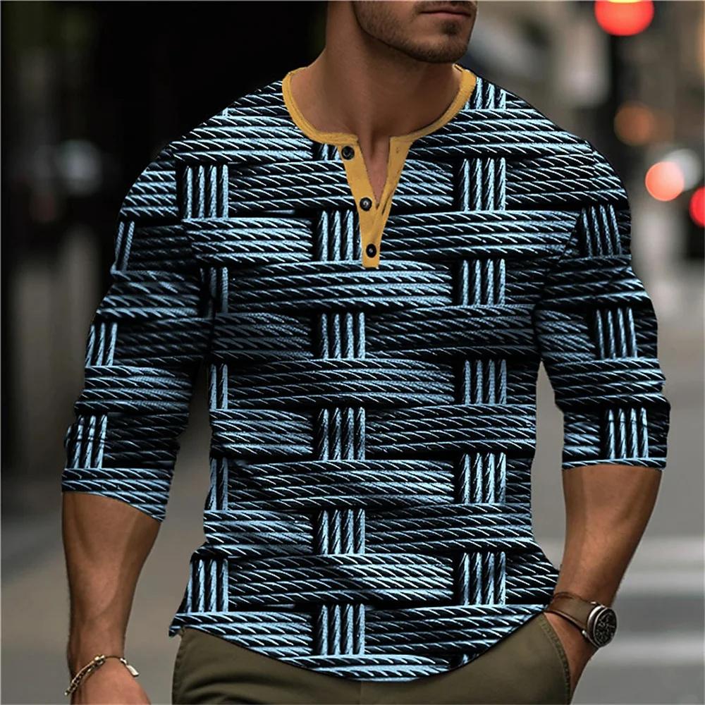 Chemises Henley Patchwork Color Block Automne Impression 3D Mode Homme Vintage Boutonnée Manches Longues T-Shirts Hauts Vêtements pour Homme