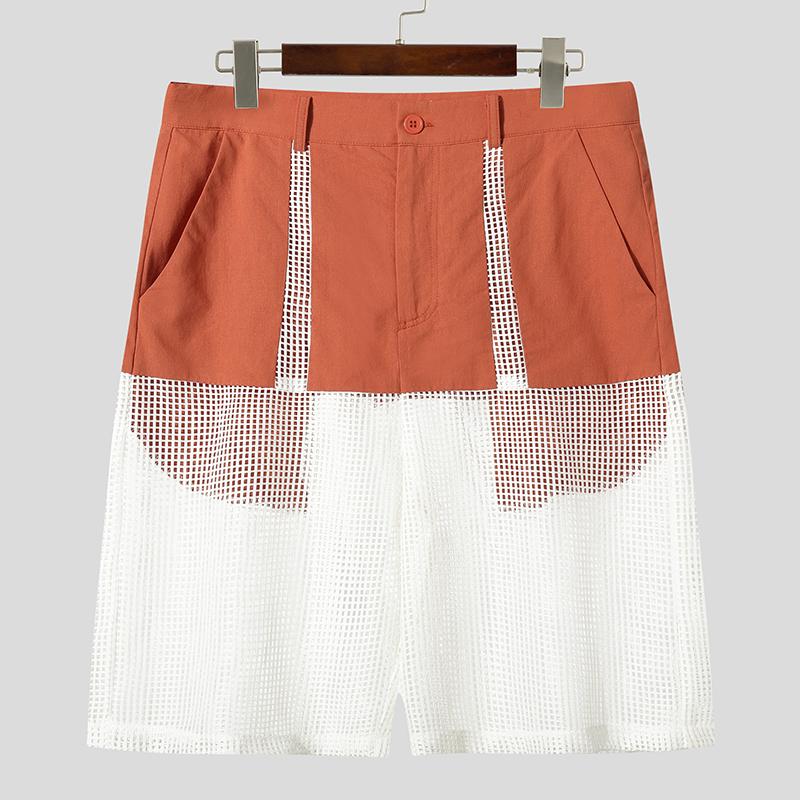 INCERUN Men Zip-up Waist Mesh Sheer Patchwork Hollow Pants Shorts Home Wear