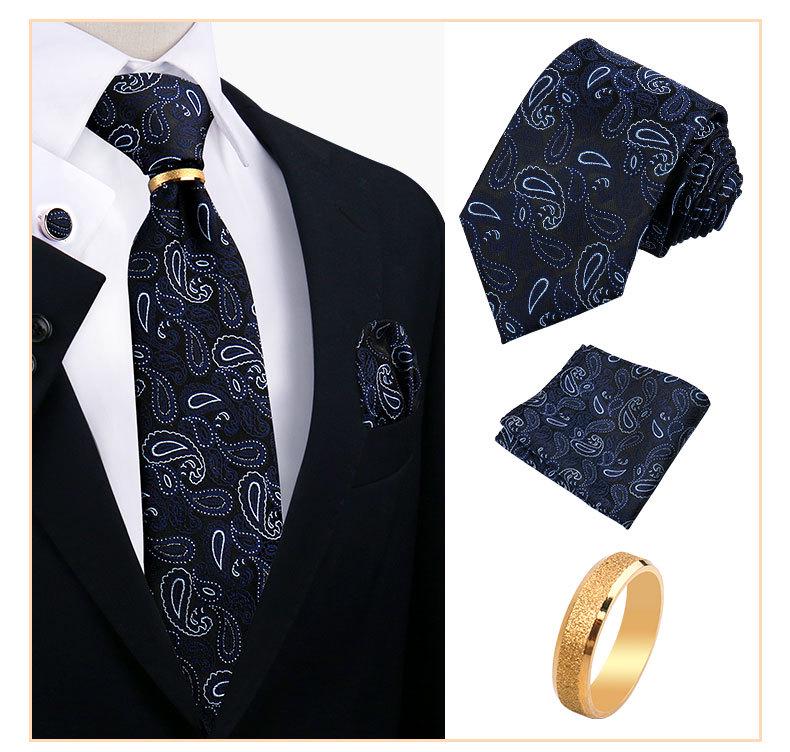 Men's Tie, Pocket Square, and Cufflinks 4-Piece Set - Cashew Flower Design, High-End Feel, 8cm Tie