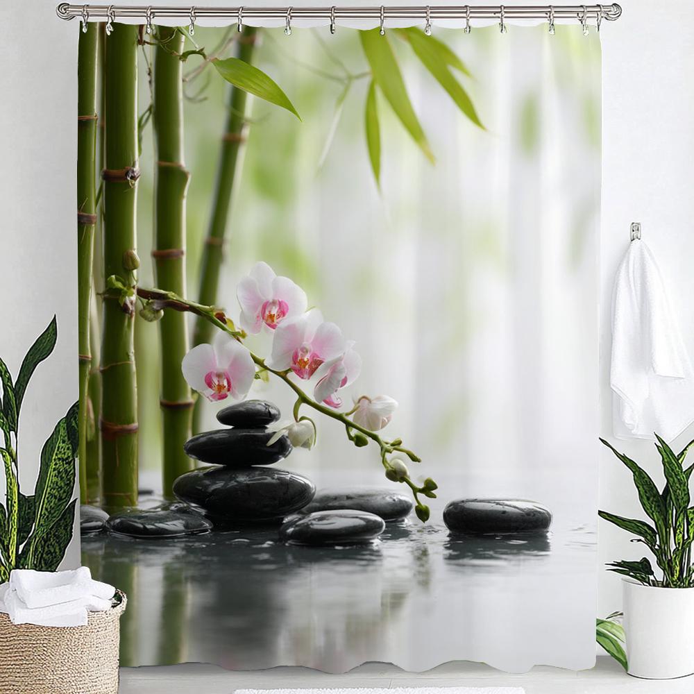 Modern Minimalist Zen Stone, Flower Style Shower Curtain,Polyester Fabric Washable Bathroom Curtains,Home Decoration With Hooks