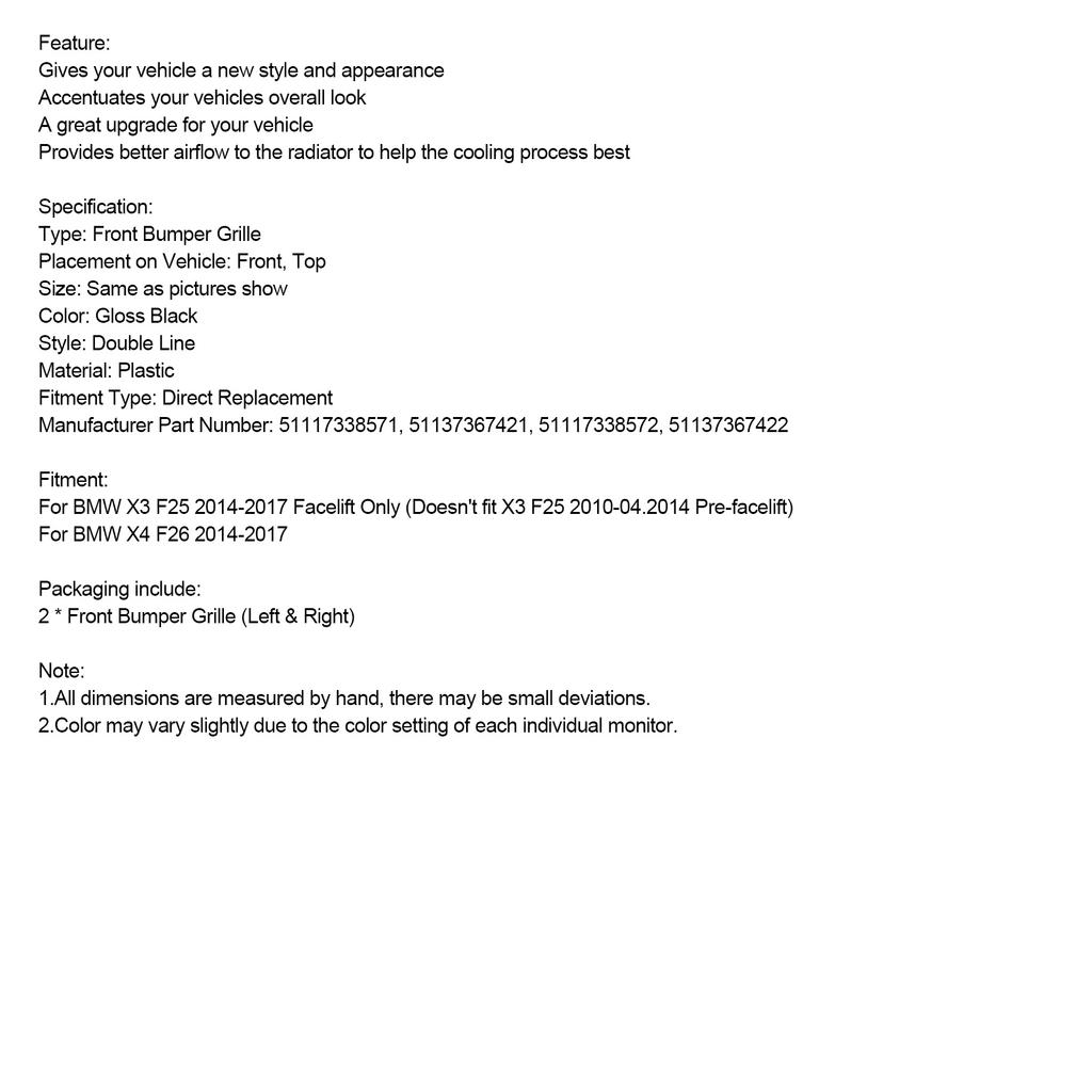 Gloss Black Front Bumper Kidney Grille Grill Fit BMW X3 X4 F25 F26 2014-2017