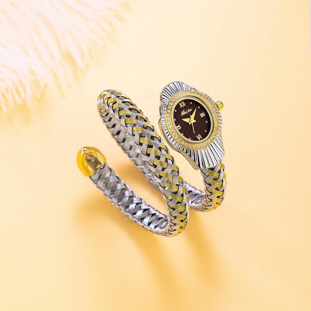 Fashion Women Snake Shape Quartz Watches Weave Design Steel Strap Luxury Rhinestone Dial Wristwatch Girls Clock Reloj Mujer