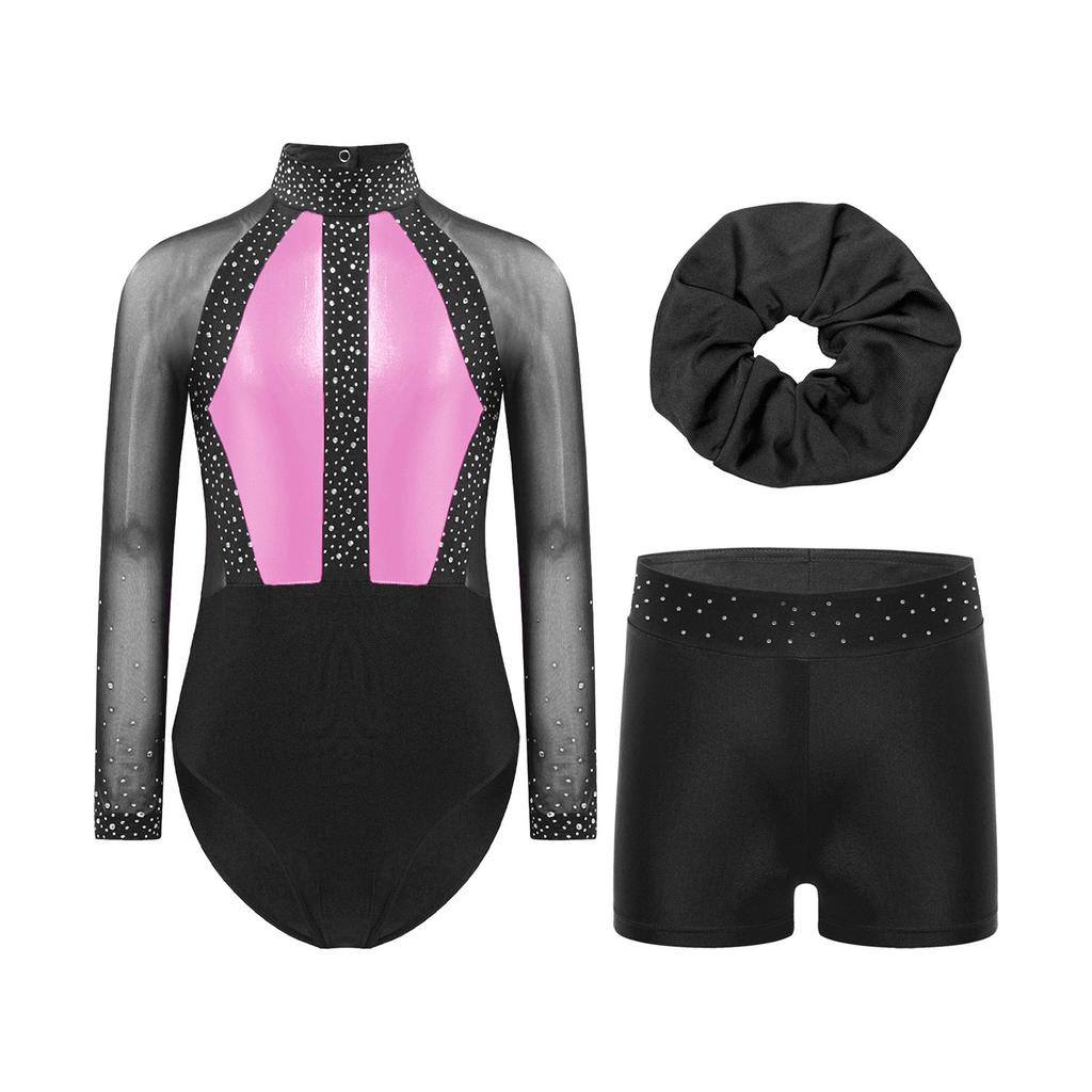 Mädchen Mesh Langarm Turnanzug Strass Shorts Kopfschmuck Gymnastik Tanz Performance Set