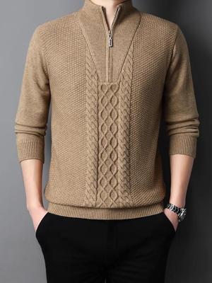 Men's Thick Cable Knit Half Zip Sweater with Stand Collar