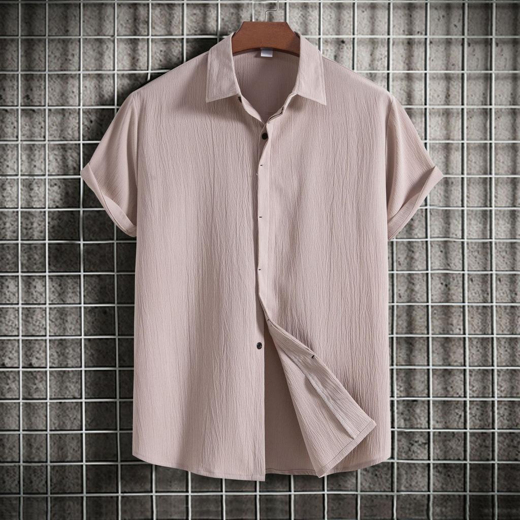 Summer Cotton Linen Shirt for Men's Lapel Loose Solid Color Hide Button Up Short Sleeve Shirts